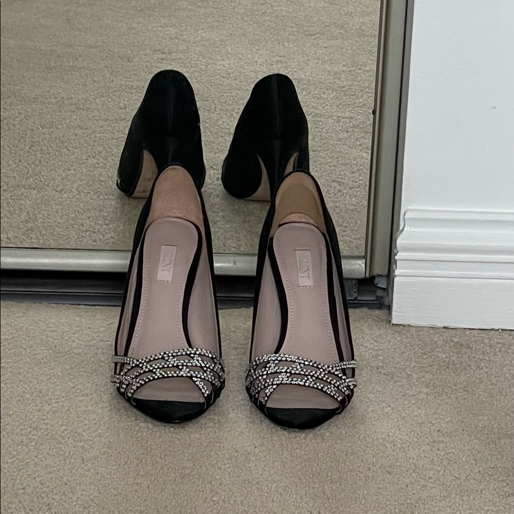 Glint Rhinestone Peep Toe Black Satin Heel
